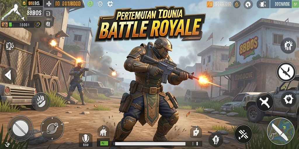 Screenshot utama dari gameplay Battle Royale 88BOS menunjukkan aksi tembak-menembak yang seru.