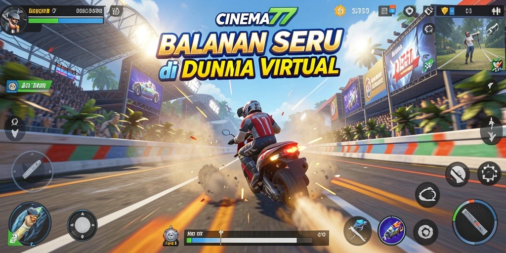 Screenshot gameplay CINEMA77 dengan mobil balap di lintasan seru.