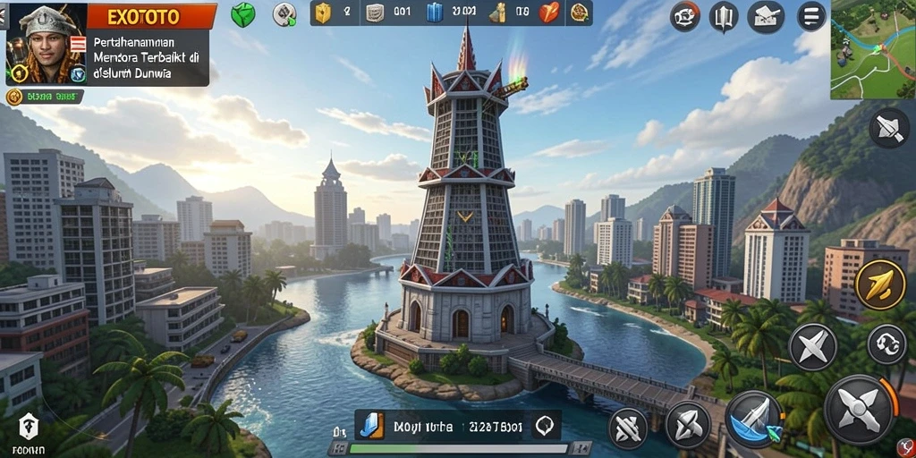 Tangkapan layar gameplay EXOTOTO dengan pertahanan menara yang epik.