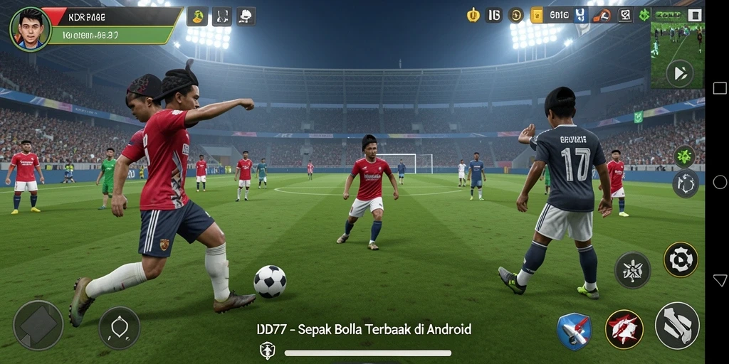 Tampilan screenshot menunjukkan aksi seru di lapangan dalam game sepak bola.