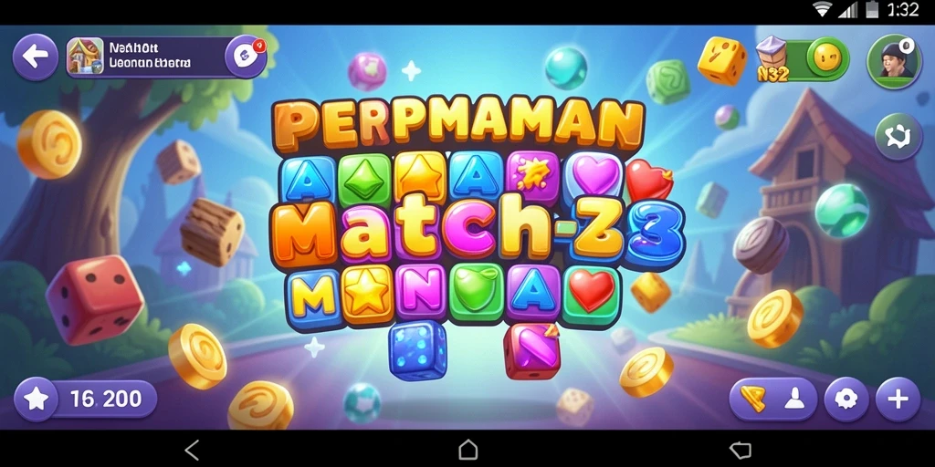 Screenshot N32 menampilkan gameplay Match-3 yang mengasyikkan dengan kombinasi warna-warni.