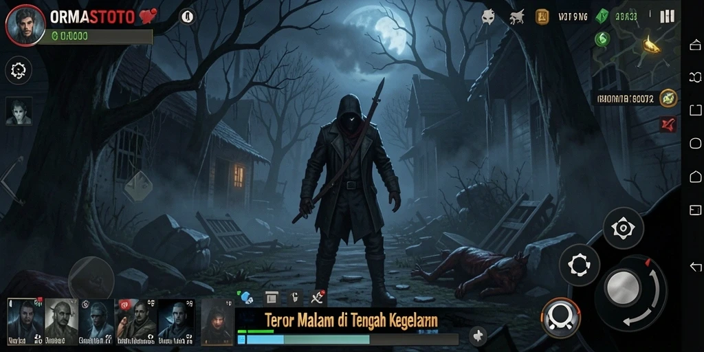 Screenshot gameplay menakutkan dari ORMASTOTO dengan efek gelap.