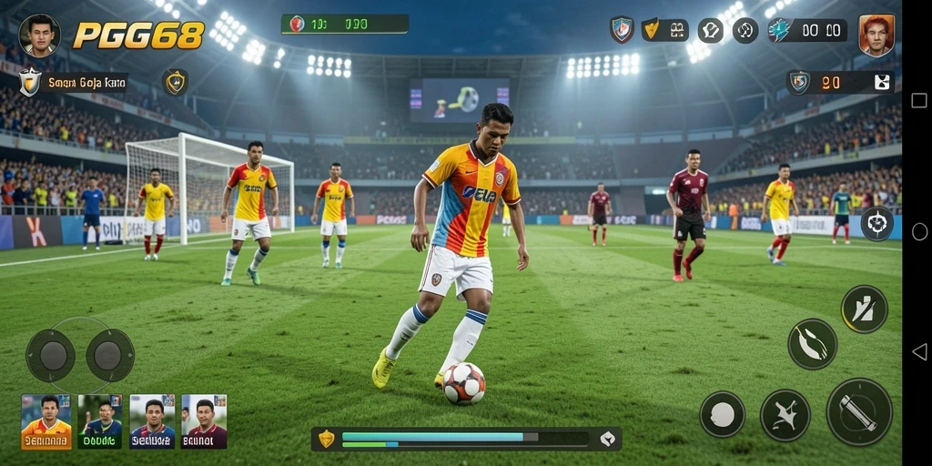 Tangkapan layar utama PGG68 menunjukkan aksi seru di lapangan sepak bola.