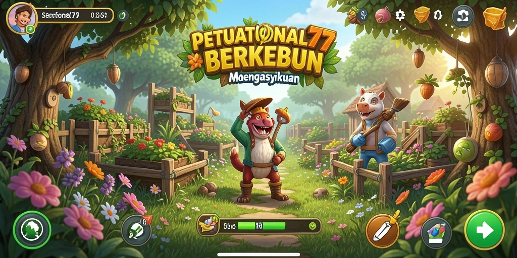 Tampilan screenshot gameplay SENSATIONAL77, menunjukkan ladang subur dan interaksi dengan hewan.