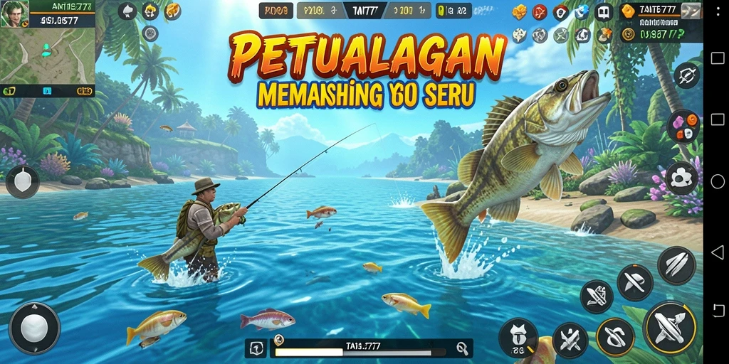 Screenshot gameplay TANTE777 menampilkan petualangan memancing yang mendebarkan.